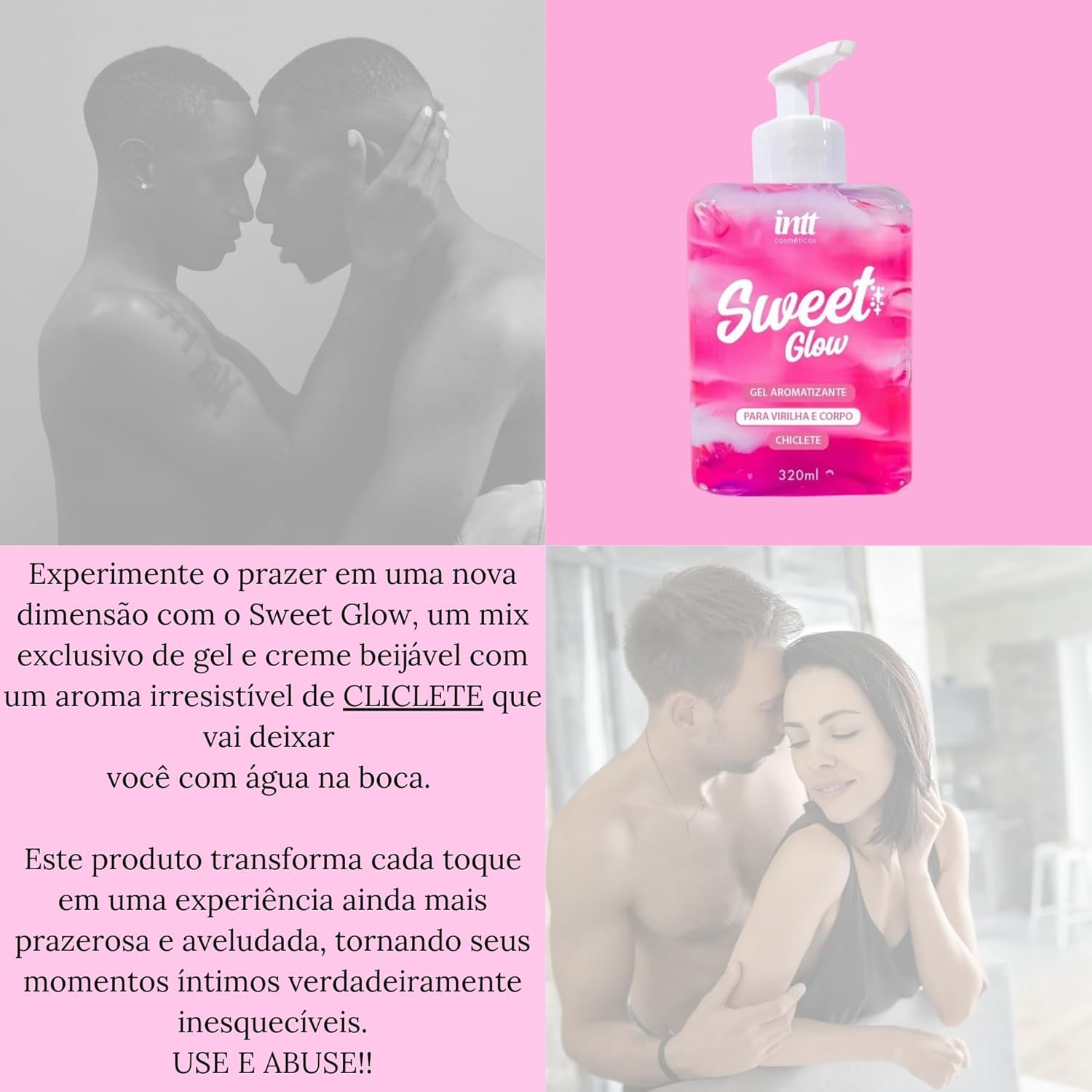 Kit Com 2 Sweet Glow Gel Aromatizante Beijavel Intt Sabor Morango Chiclete Deslizante Hidratante Para O Corpo Pele Macia Hidratada Cheirosa Toque Prazeroso e Aveludado 320ml