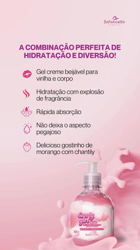 Gel aromatizante para virilha  e corpo Beijável Morango com chantilly Candy Girl Sofisticatto 300g