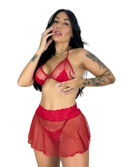 Conjunto Sexy Lingerie Fantasia Trio Saia Tule Sutiã com Renda com Calcinha Fio Dental