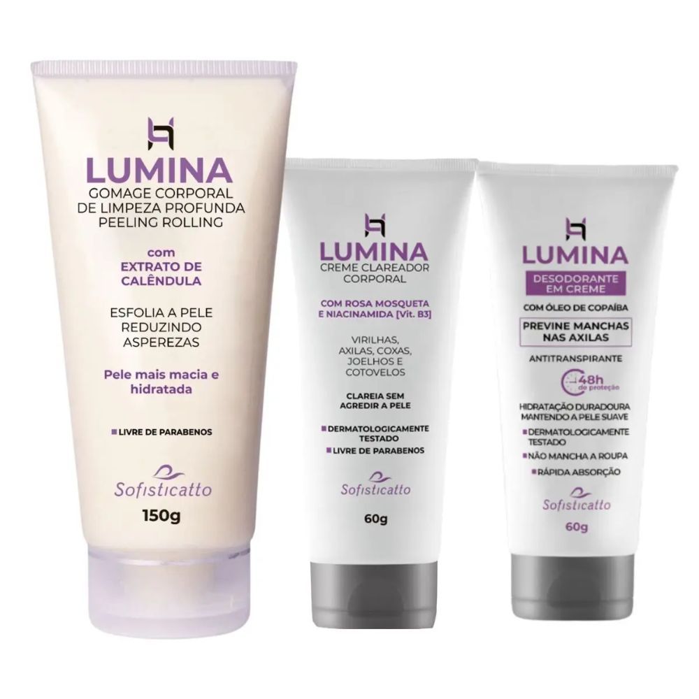 Kit Lumina Creme Clareador, Esfoliante Corporal e Desodorante Antitranspirante Sofisticatto