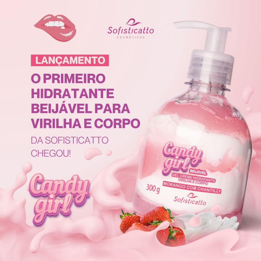 Gel aromatizante para virilha  e corpo Beijável Morango com chantilly Candy Girl Sofisticatto 300g