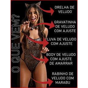 Fantasia Body Felina Veludo Lingerie Sexy Conjunto Oncinha Sensual