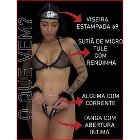 Fantasia Presidiária Renda Abertura Íntima Algema Sexy Conjunto Bandida Mini